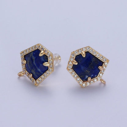 Micro Paved CZ Blue Lapiz, Purple Amethyst, Abalone Open Loop Stud Hexagon Geometric Earrings K-143 K-153 K-154