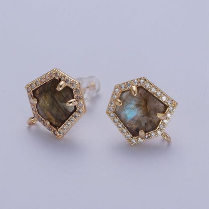 Micro Paved CZ Blue Lapiz, Purple Amethyst, Abalone Open Loop Stud Hexagon Geometric Earrings K-143 K-153 K-154