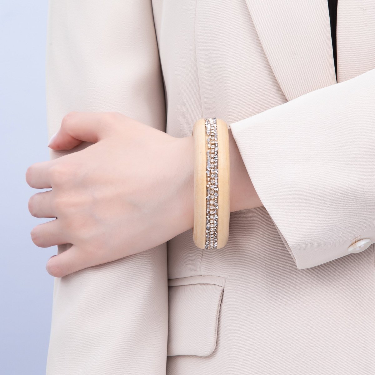Micro Paved CZ Cluster Wood Bangle Bracelet in Black, Brown, Green, Latte | WA-04289 - WA-04292