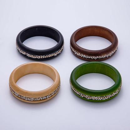 Micro Paved CZ Cluster Wood Bangle Bracelet in Black, Brown, Green, Latte | WA-04289 - WA-04292