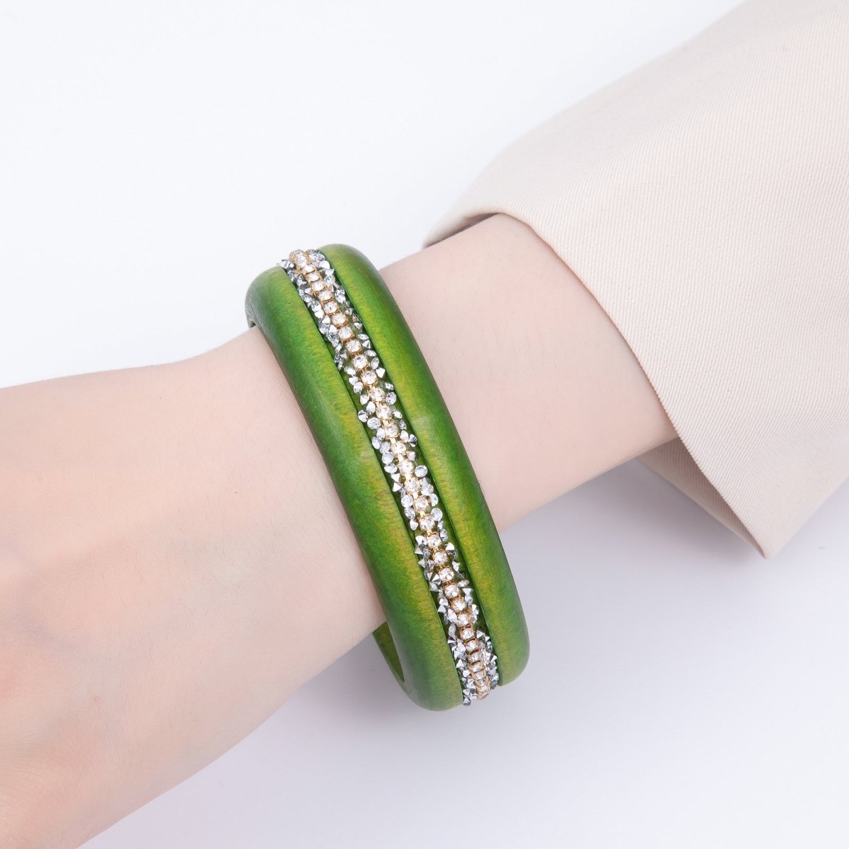 Micro Paved CZ Cluster Wood Bangle Bracelet in Black, Brown, Green, Latte | WA-04289 - WA-04292
