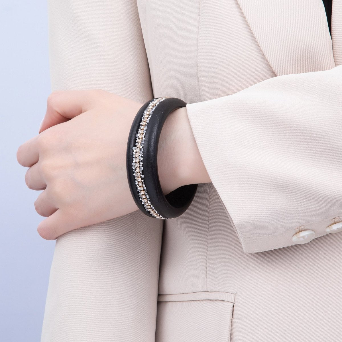 Micro Paved CZ Cluster Wood Bangle Bracelet in Black, Brown, Green, Latte | WA-04289 - WA-04292
