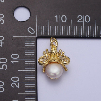 Micro Paved CZ Dotted Gold Bumble Bee Insect Round White / Purple Pearl Charm | N-714