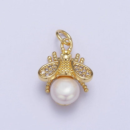 Micro Paved CZ Dotted Gold Bumble Bee Insect Round White / Purple Pearl Charm | N-714