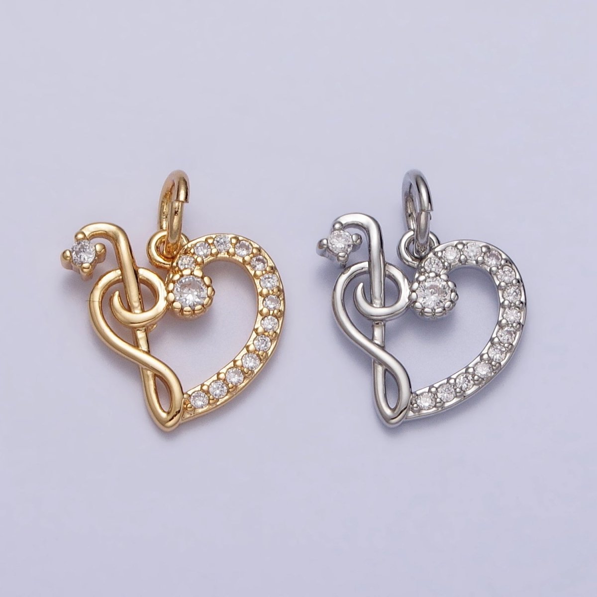 Micro Paved CZ Heart Musical Note G Treble Clef Charm in Gold &amp; Silver | AC181