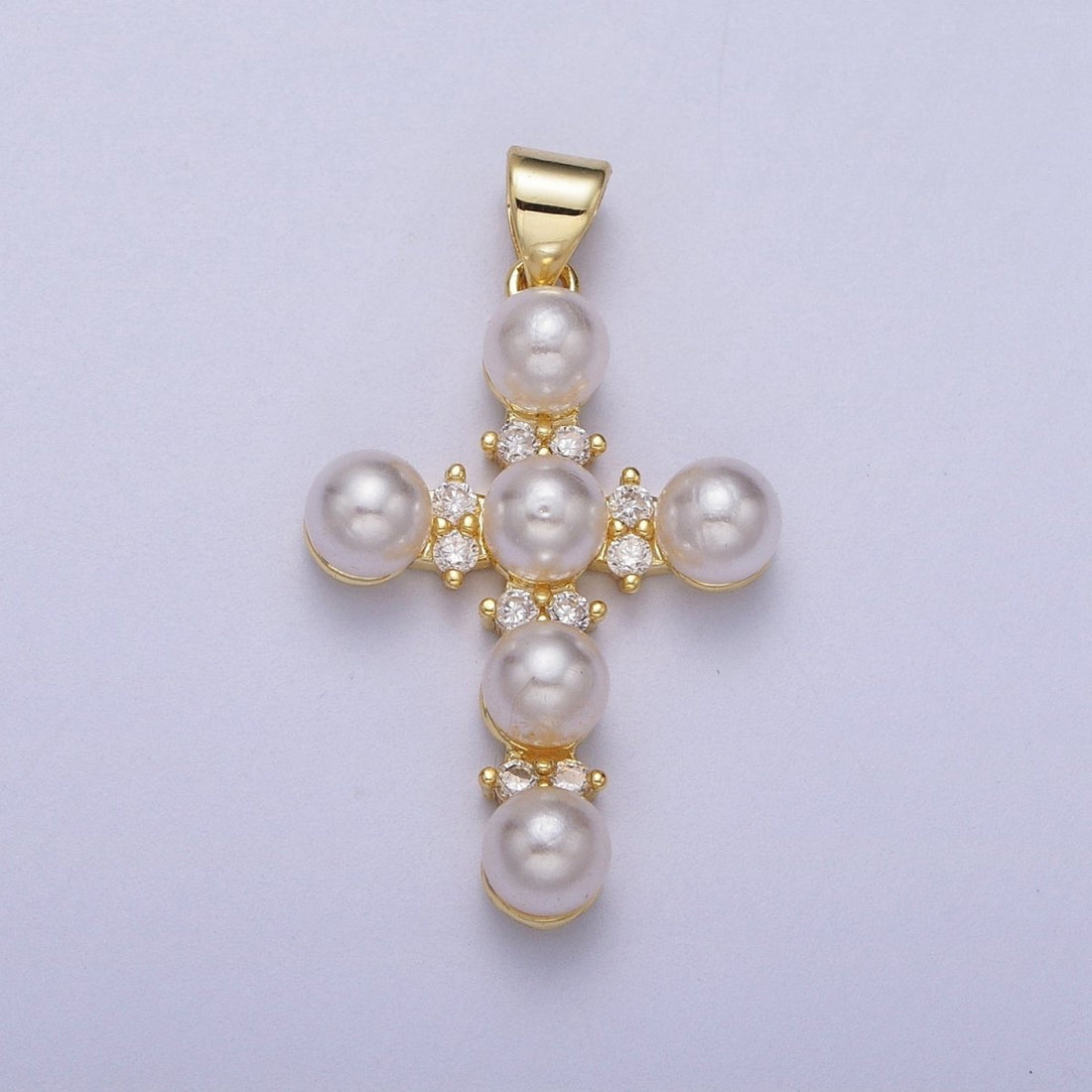 Micro Paved CZ Round White Pearl Religious Cross Gold Pendant  I-275