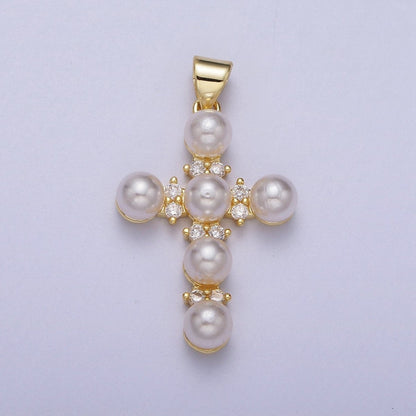 Micro Paved CZ Round White Pearl Religious Cross Gold Pendant  I-275