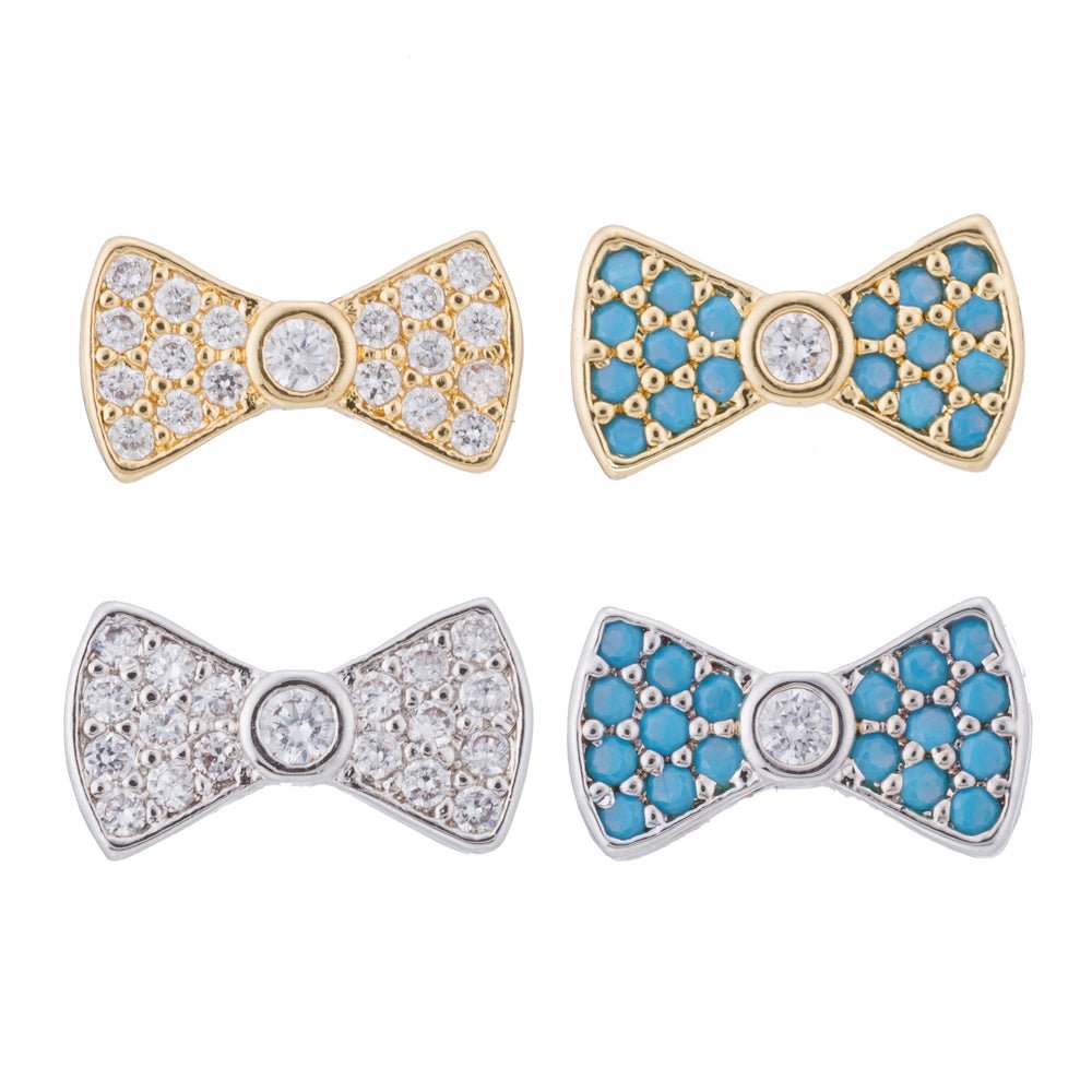 Micro Paved CZ / Turquoise Ribbon Bow Bead in Gold &amp; Silver | B-068