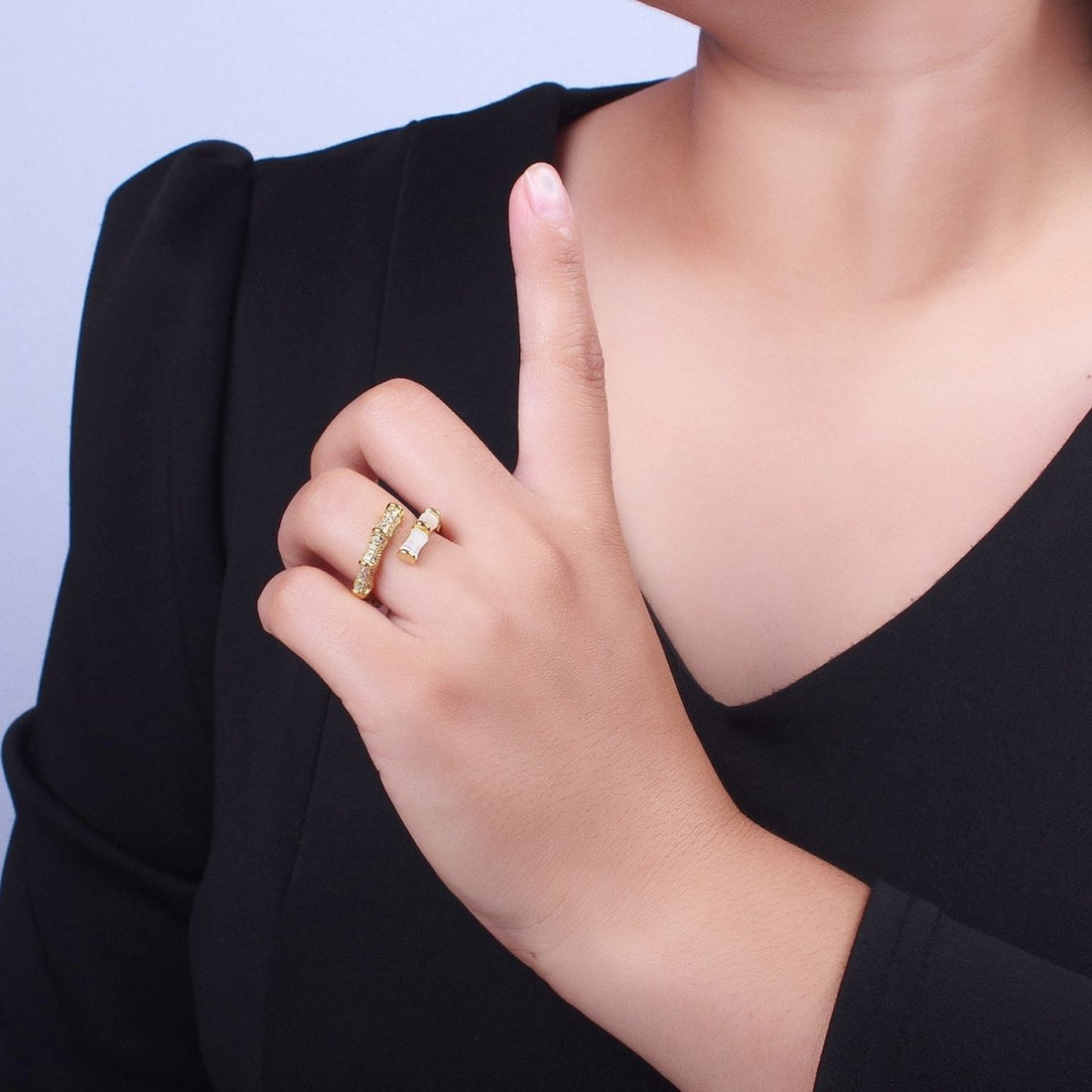 Micro Paved CZ White Cats Eye Bamboo Ring Open Gold Ring | O-023