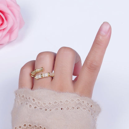 Micro Paved CZ White Cats Eye Bamboo Ring Open Gold Ring | O-023