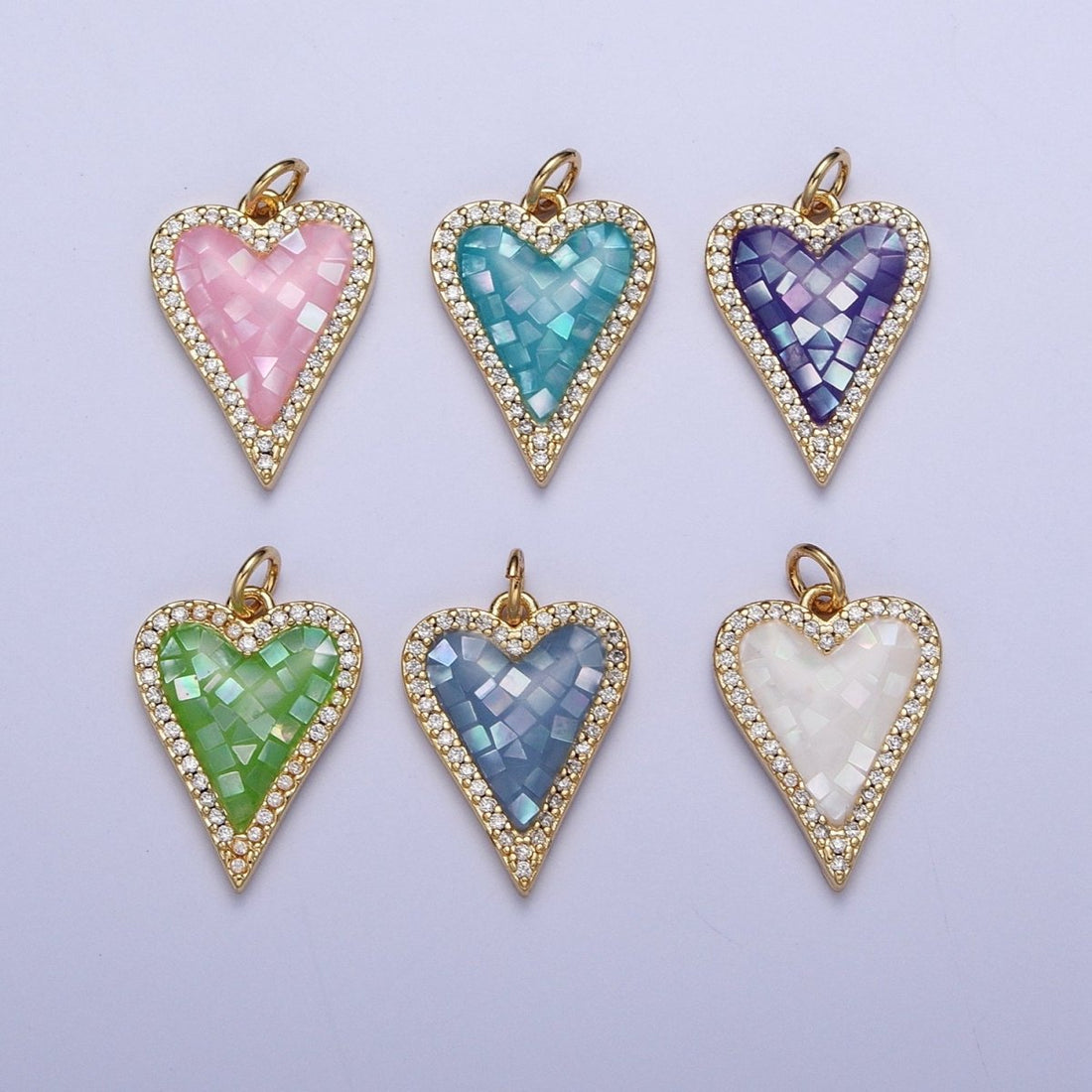 Micro Paved CZ White, Pink, Blue, Teal, Purple, Green Shell Opal Heart Love Charm | X702-X705 X707 X708