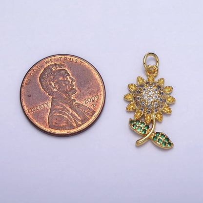 Micro Paved CZ Yellow Sunflower Plant Gold Charm | AC239