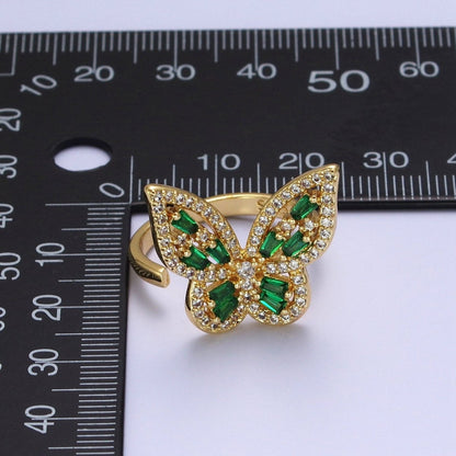 Micro Paved Gold Green Baguette Mariposa Butterfly Adjustable Ring | O-059