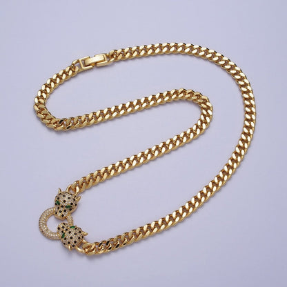 Micro Paved Green Eyed Jaguar Panther 18 Inch Curb Chain Necklace in Gold &amp; Silver | WA-1361 WA-1362 Clearance Pricing