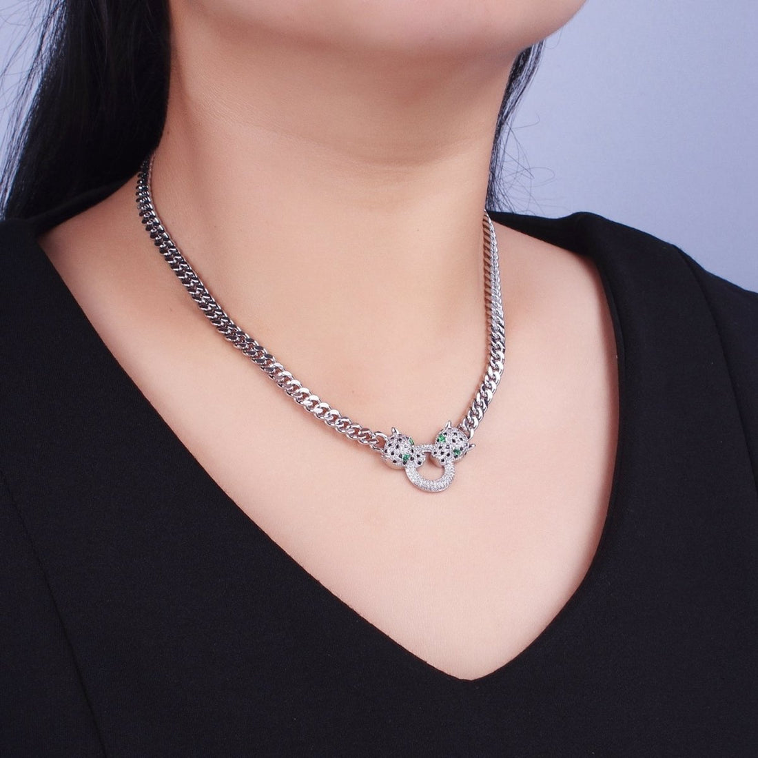Micro Paved Green Eyed Jaguar Panther 18 Inch Curb Chain Necklace in Gold &amp; Silver | WA-1361 WA-1362 Clearance Pricing