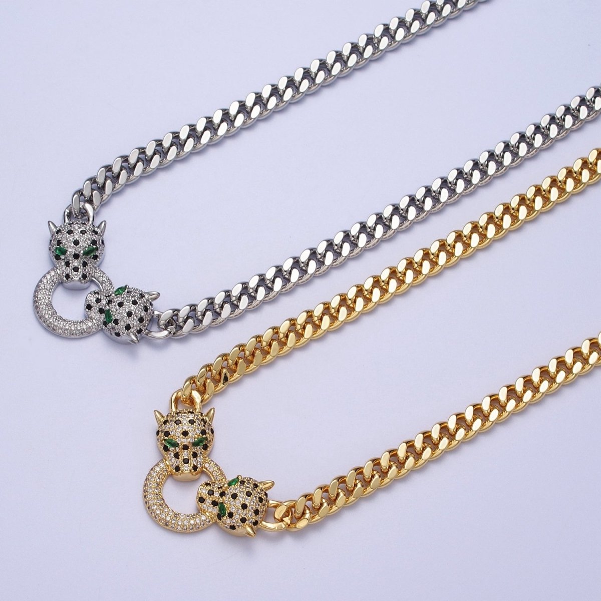 Micro Paved Green Eyed Jaguar Panther 18 Inch Curb Chain Necklace in Gold &amp; Silver | WA-1361 WA-1362 Clearance Pricing
