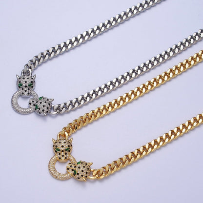 Micro Paved Green Eyed Jaguar Panther 18 Inch Curb Chain Necklace in Gold &amp; Silver | WA-1361 WA-1362 Clearance Pricing