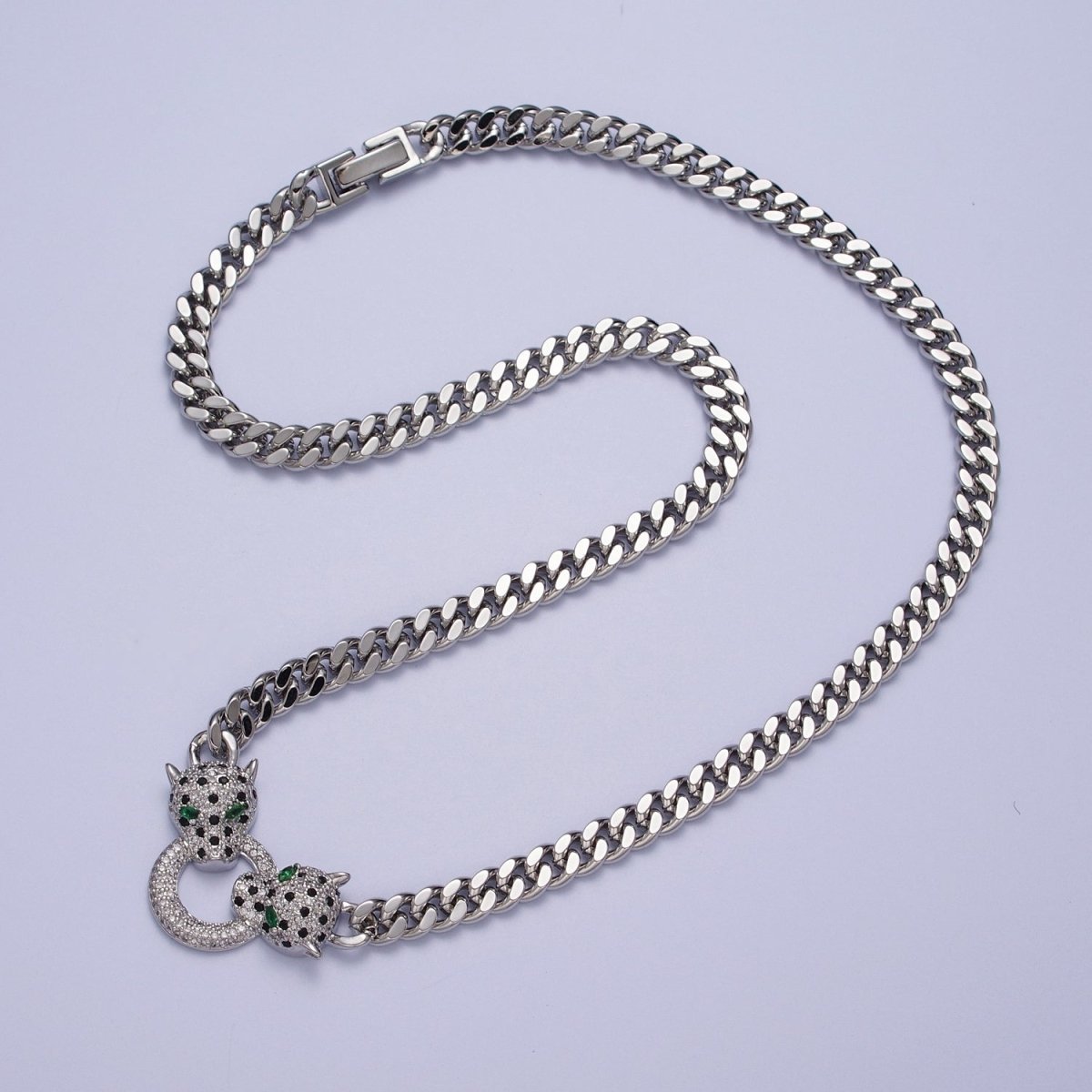 Micro Paved Green Eyed Jaguar Panther 18 Inch Curb Chain Necklace in Gold &amp; Silver | WA-1361 WA-1362 Clearance Pricing