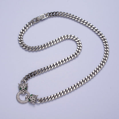 Micro Paved Green Eyed Jaguar Panther 18 Inch Curb Chain Necklace in Gold &amp; Silver | WA-1361 WA-1362 Clearance Pricing