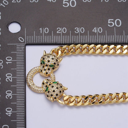 Micro Paved Green Eyed Jaguar Panther 18 Inch Curb Chain Necklace in Gold &amp; Silver | WA-1361 WA-1362 Clearance Pricing
