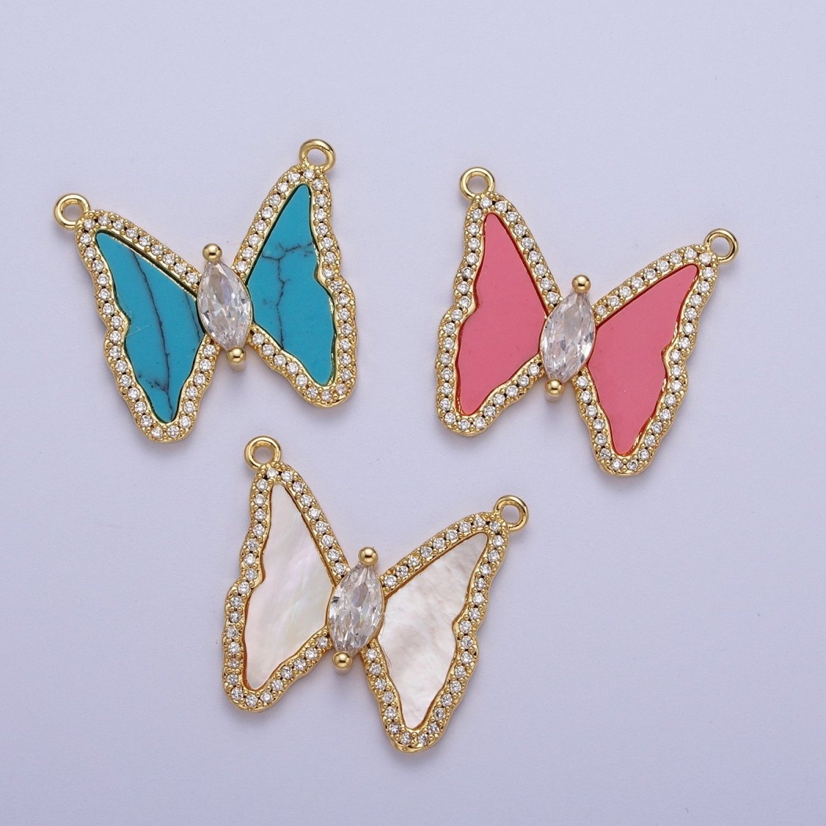 33mm Pink Quartz, Turquoise, Shell Pearl Micro Paved CZ Butterfly Connector | F066 F103 F781