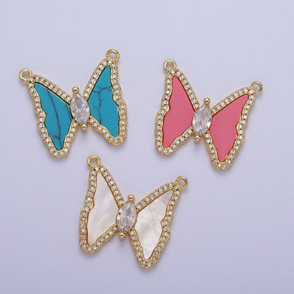 33mm Pink Quartz, Turquoise, Shell Pearl Micro Paved CZ Butterfly Connector | F066 F103 F781