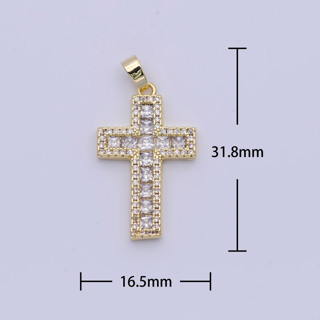 Micro Paved Square Cubic Zirconia Gold Religious Cross Pendant | X-497