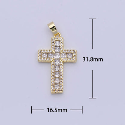 Micro Paved Square Cubic Zirconia Gold Religious Cross Pendant | X-497