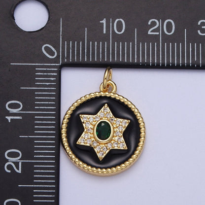 Micro Paved Star Black Enamel Round Coin Medallion Gold Charm | X-725