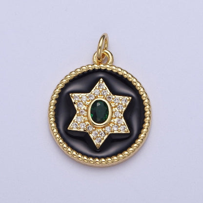 Micro Paved Star Black Enamel Round Coin Medallion Gold Charm | X-725