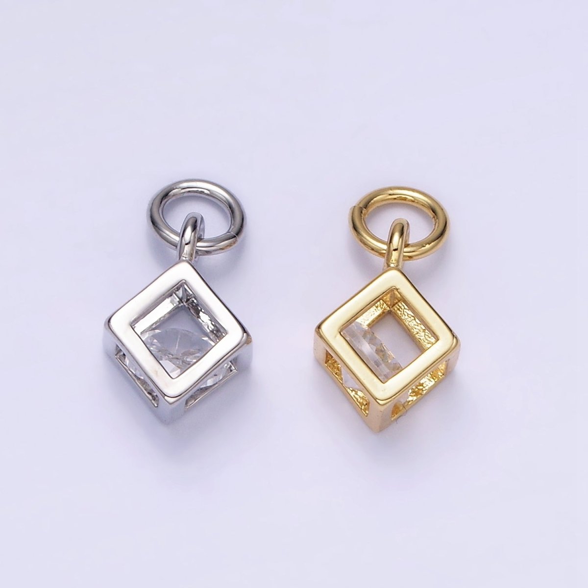 Mini 14K Gold Filled Cube Charm Geometric Pendant with Clear Cz Stone | W508