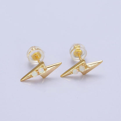 Mini 14K Gold Filled Lightning Bolt Round White Opal Stud Earrings | AD-091