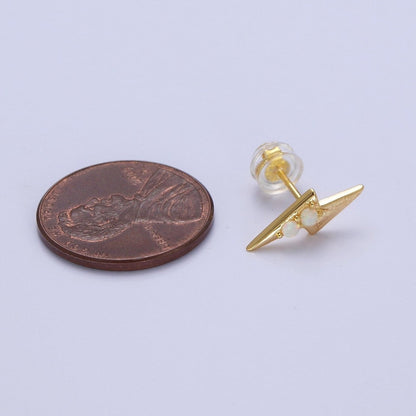 Mini 14K Gold Filled Lightning Bolt Round White Opal Stud Earrings | AD-091