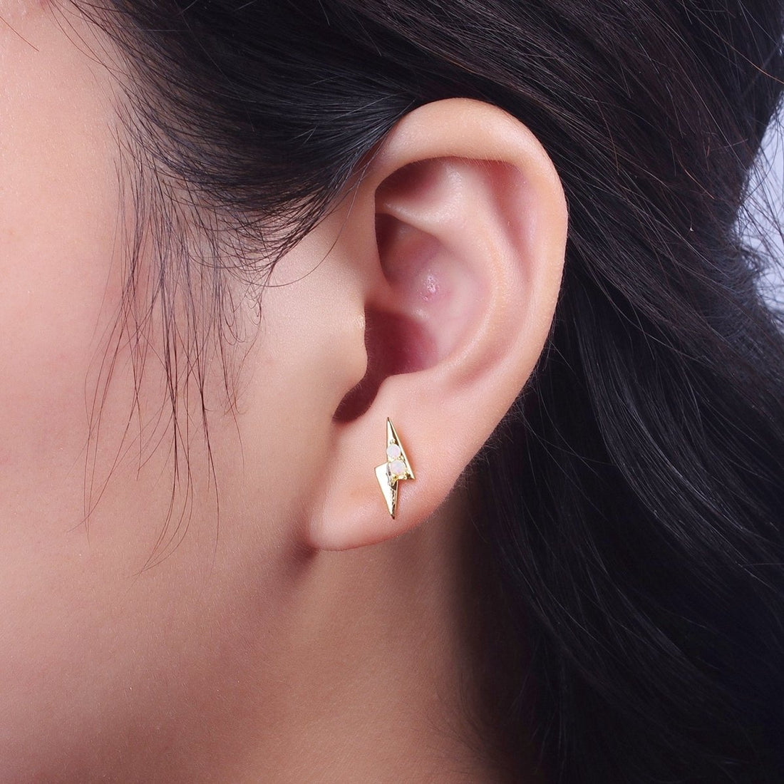 Mini 14K Gold Filled Lightning Bolt Round White Opal Stud Earrings | AD-091