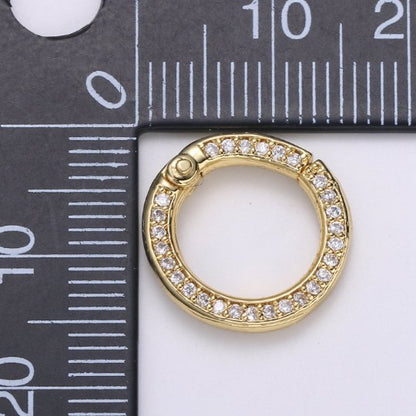Mini 14k Gold Filled, Silver Full Pave Cz Round Pull Gate Ring Clasp 15mm Cubic Circle for Link Connector Thickness 2.3mm Jewelry Supply K-103 K-104
