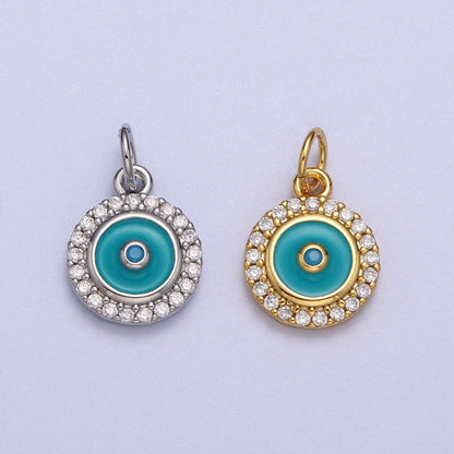 Mini 18K Gold Filled Round Evil Eye Pendant Teal Evil Eye Charm with Cubic Zirconia Stone AC555 AC556