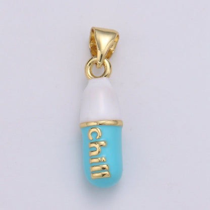 Mini 24K Gold Filled Pill Bar Charm Enamel Pink Love Chill Happy Pill Pendant for Bracelet Necklace Earring Component Supply 23x5mm J-203~J-207,J-209~J-213,J-244~J-248