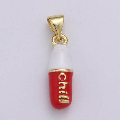 Mini 24K Gold Filled Pill Bar Charm Enamel Pink Love Chill Happy Pill Pendant for Bracelet Necklace Earring Component Supply 23x5mm J-203~J-207,J-209~J-213,J-244~J-248