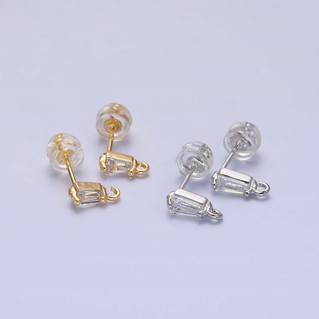 Mini Baguette Cut CZ Diamond Stud Earring Gold Earring Post with Open Link for Earring Supply Z-180 Z-181