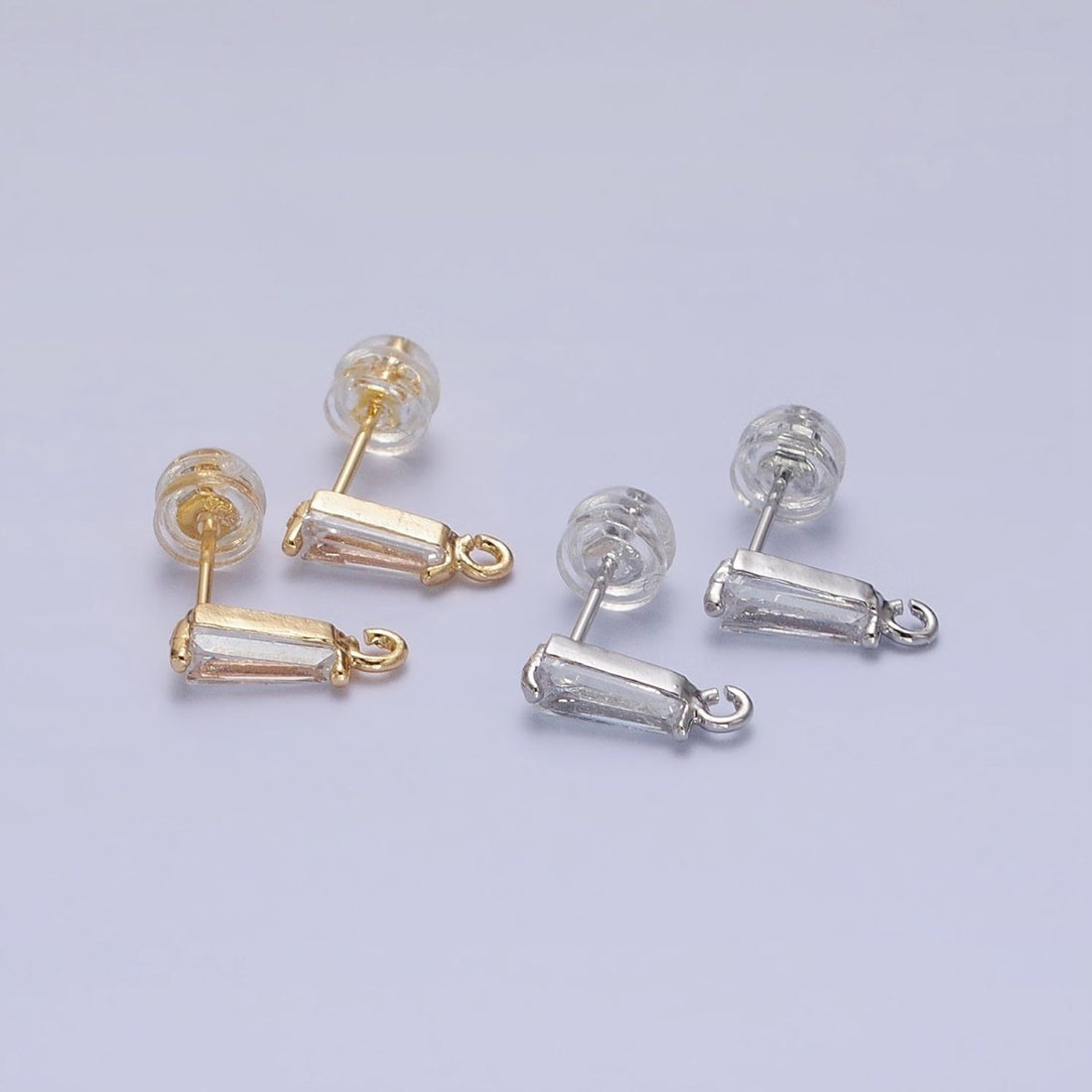 Mini Baguette Cut CZ Diamond Stud Earring Gold Earring Post with Open Link for Earring Supply Z-184 Z-185