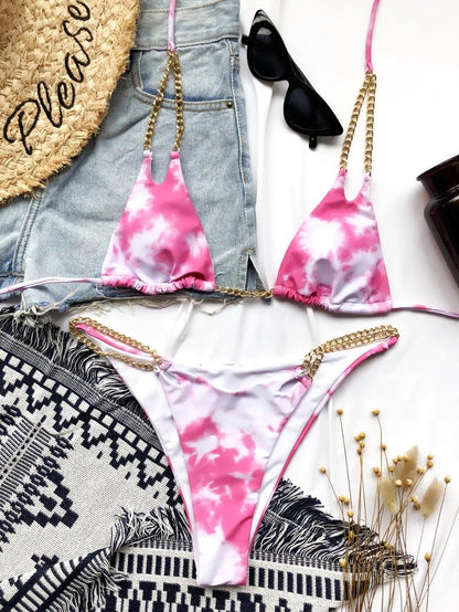 Mini Bikini Tie Dye Swimwear Women Metal Chain Patchwork Bathing suit Triangle Bikinis Women&