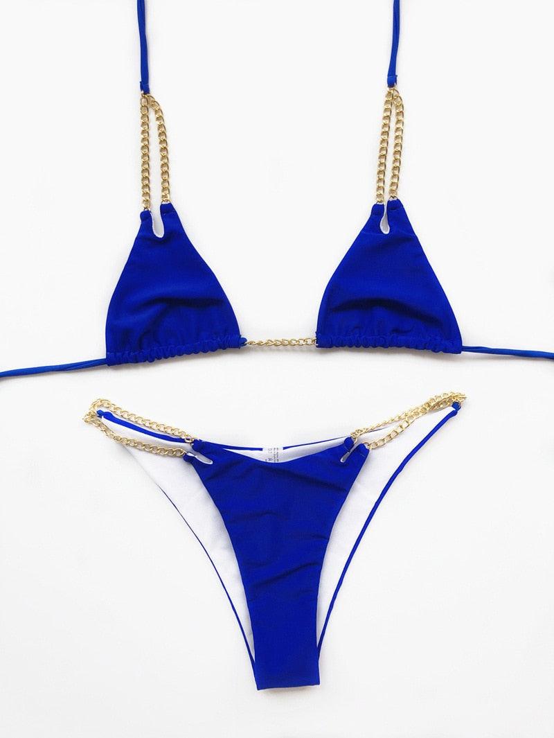 Mini Bikini Tie Dye Swimwear Women Metal Chain Patchwork Bathing suit Triangle Bikinis Women&