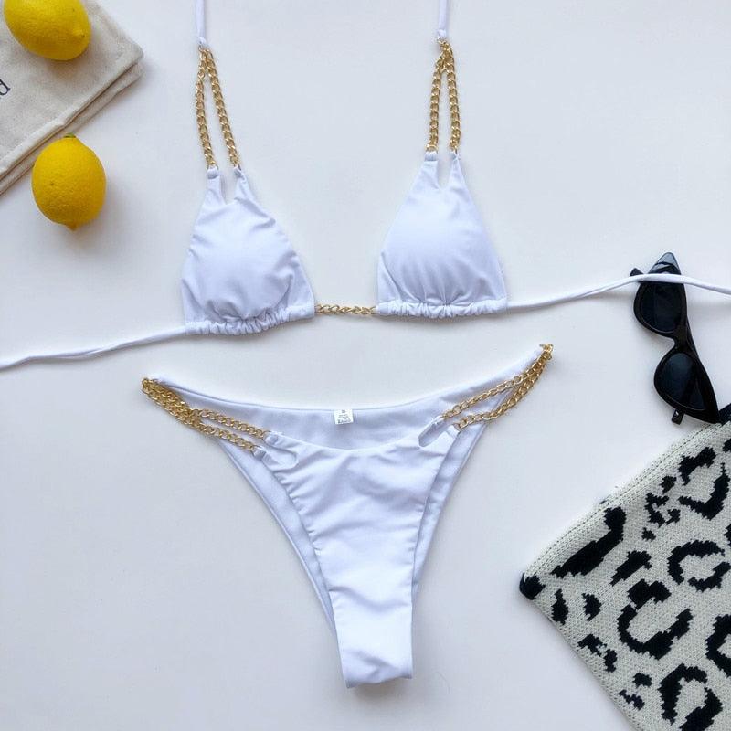 Mini Bikini Tie Dye Swimwear Women Metal Chain Patchwork Bathing suit Triangle Bikinis Women&