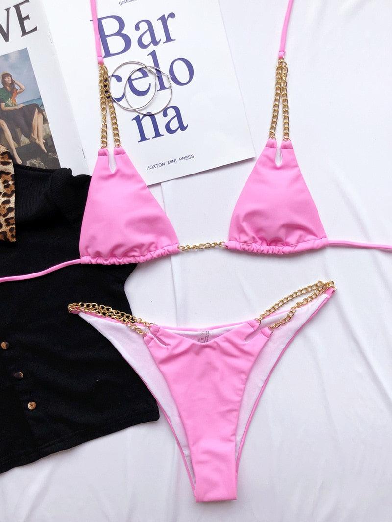 Mini Bikini Tie Dye Swimwear Women Metal Chain Patchwork Bathing suit Triangle Bikinis Women&