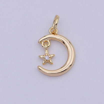 Mini Celestial CZ Cubic Zirconia Crescent Moon Star Charm Gold Charm Pendant W-178