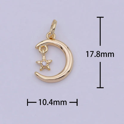 Mini Celestial CZ Cubic Zirconia Crescent Moon Star Charm Gold Charm Pendant W-178