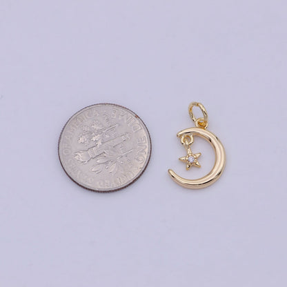 Mini Celestial CZ Cubic Zirconia Crescent Moon Star Charm Gold Charm Pendant W-178