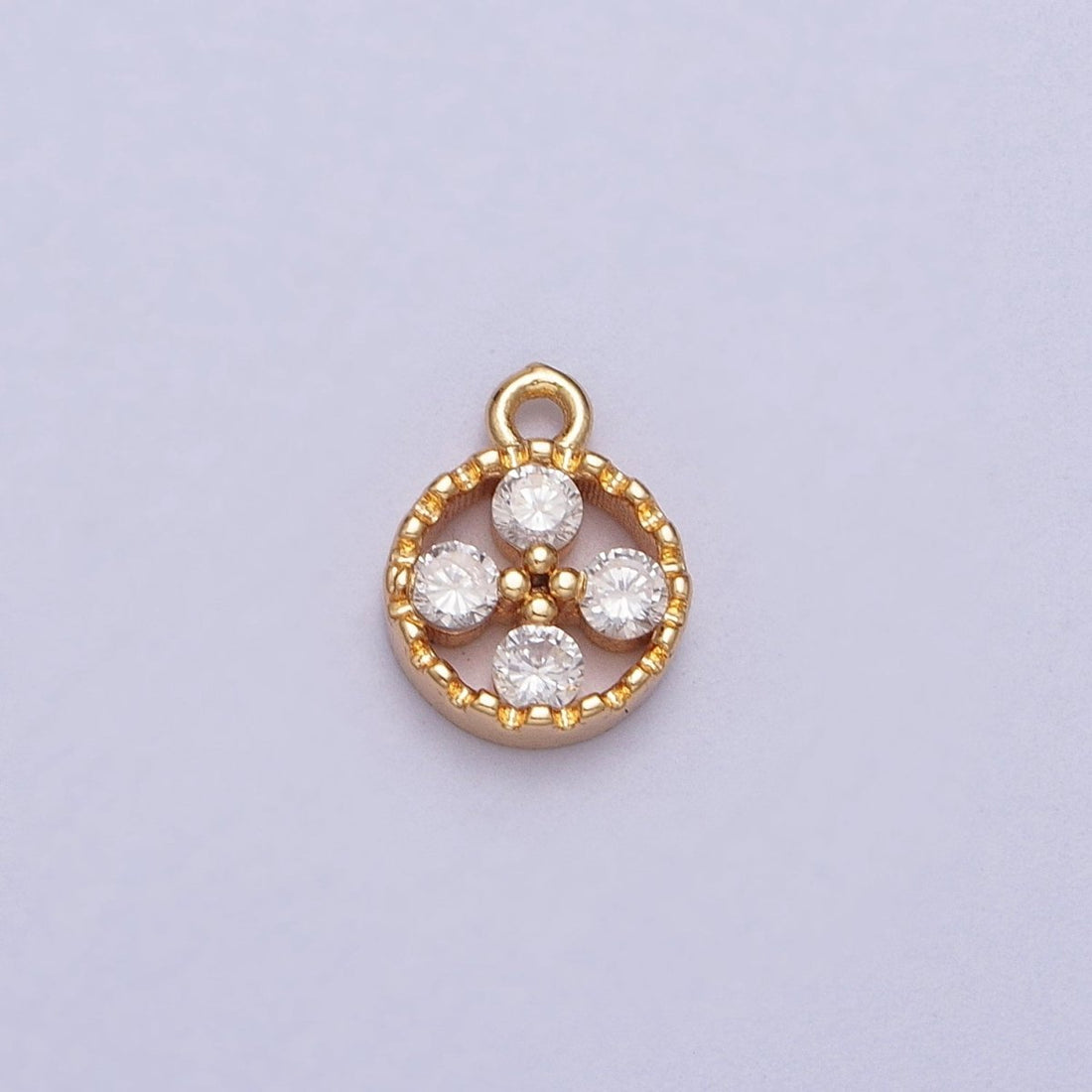 Mini Clear Cubic Zirconia Quatrefoil Open Round Gold Charm E-512