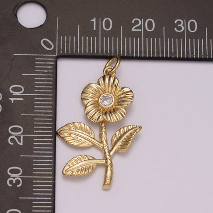 Mini Daisy Charm Gold Micro Pave Flower Charm, Clear Cubic Charms, CZ Leaf Floral Charm Dainty Small 3D Charm M-781