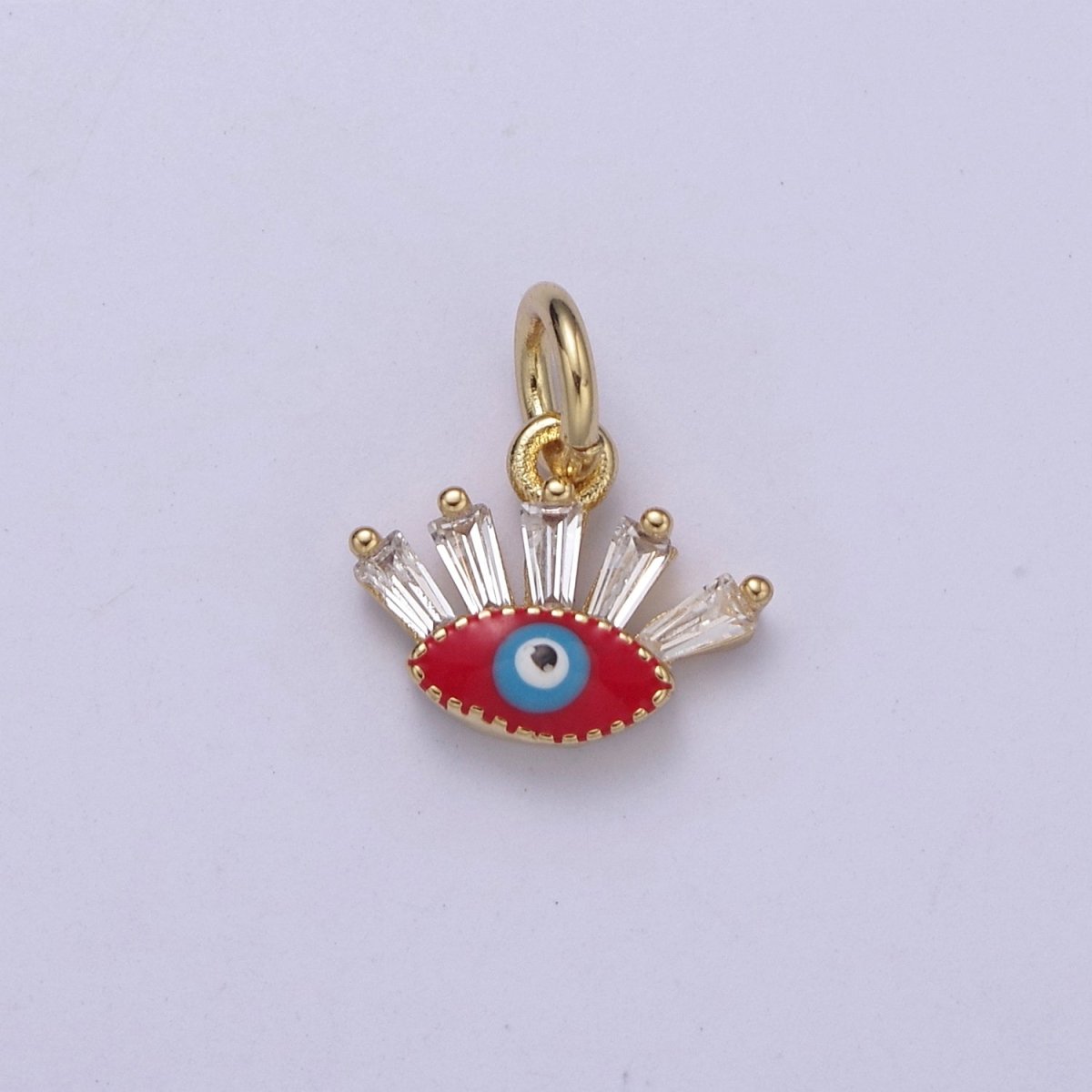 Mini Evil Eye Charm with Baguette CZ 24k Gold Filled eye Charm, Zircon Tiny Amulet Charm, Religious Bracelet Necklace Earring add on Charm Blue Red Enamel C-445